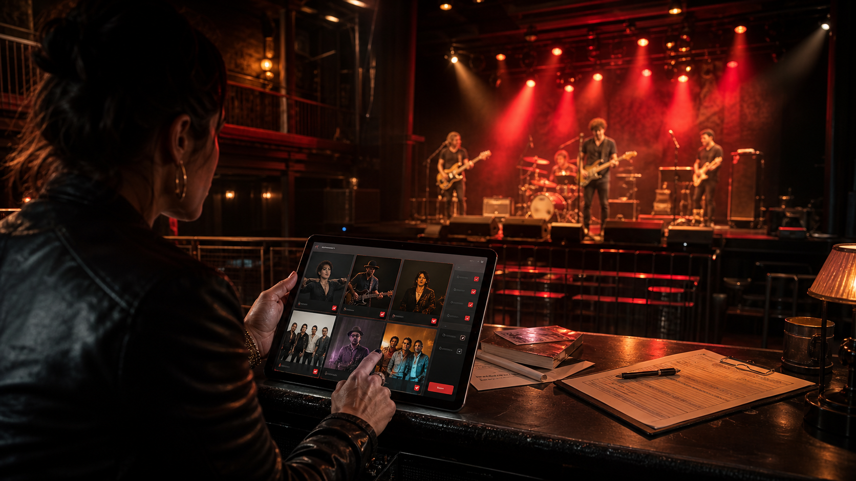Venue booker shortlisting live artists while a band soundchecks on stage