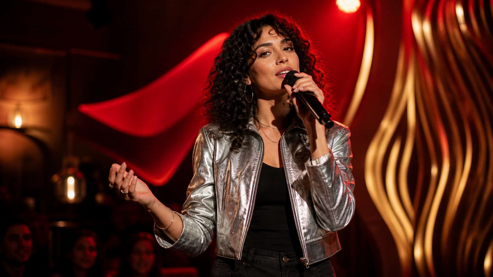 Fictional vocalist performing on an invented live stage
