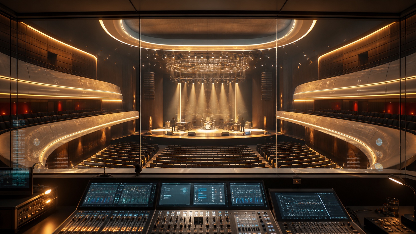 Fictional live venue viewed from its premium production desk
