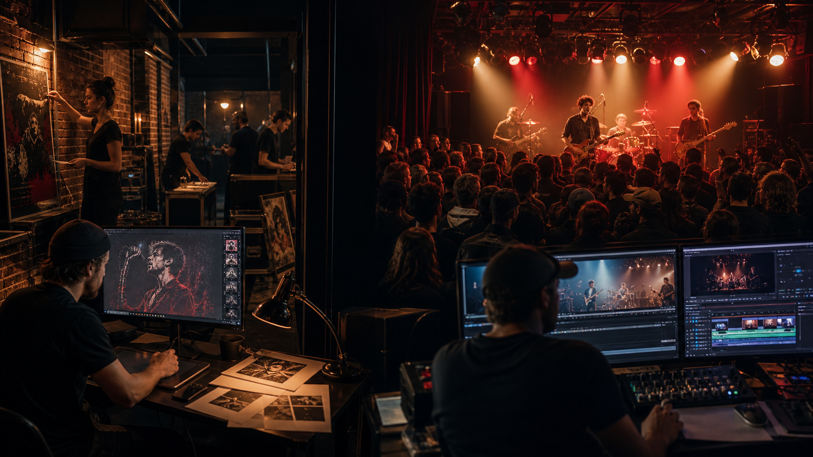 A venue team, artist, audience and creative production desk working around one live show